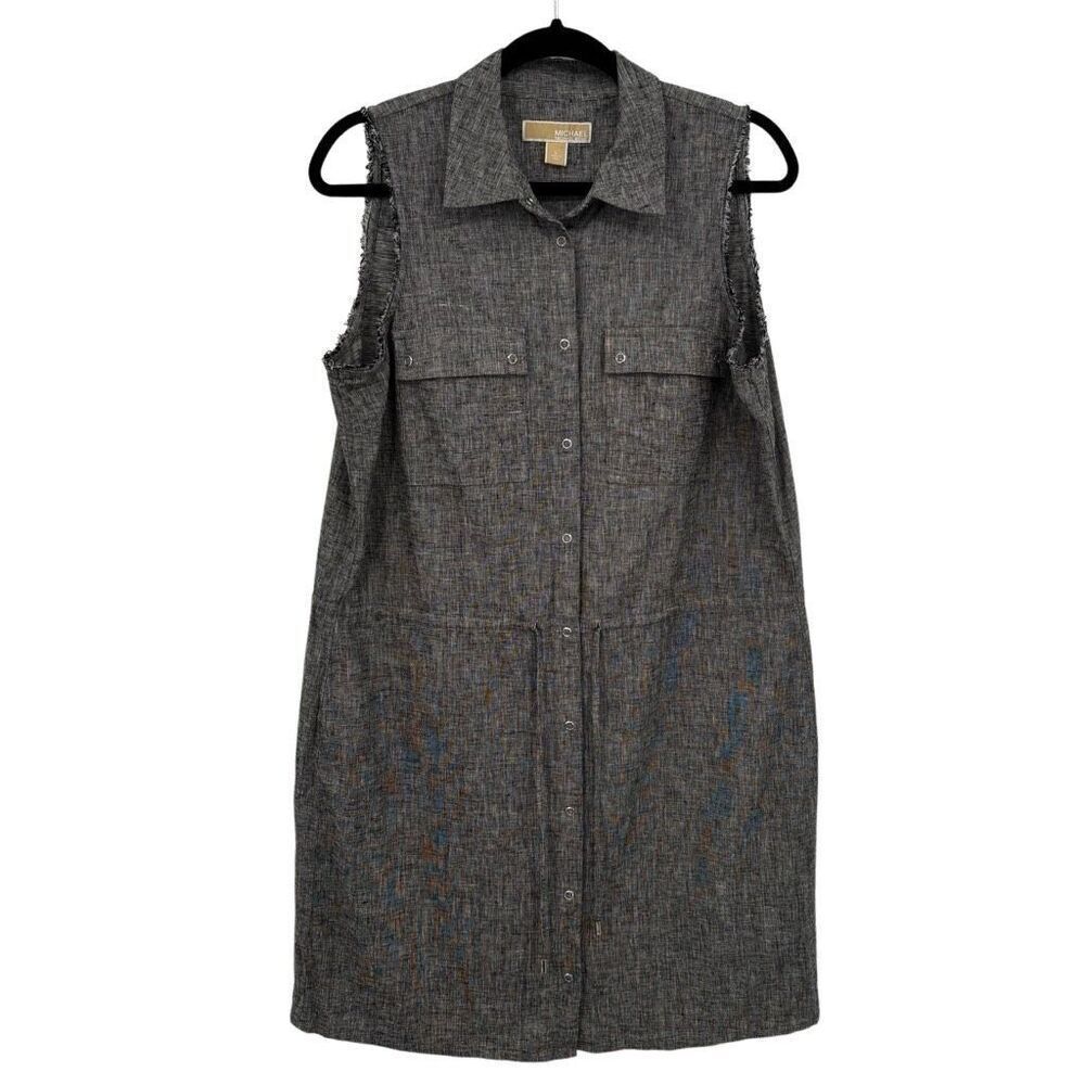 Michael‎ Kors Linen Frayed Sleeve Snap Button Drawstring Dress Black Size Large